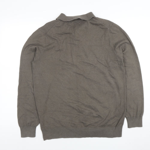Massimo Dutti Men's Grey Cotton Collared Henley Jumper L