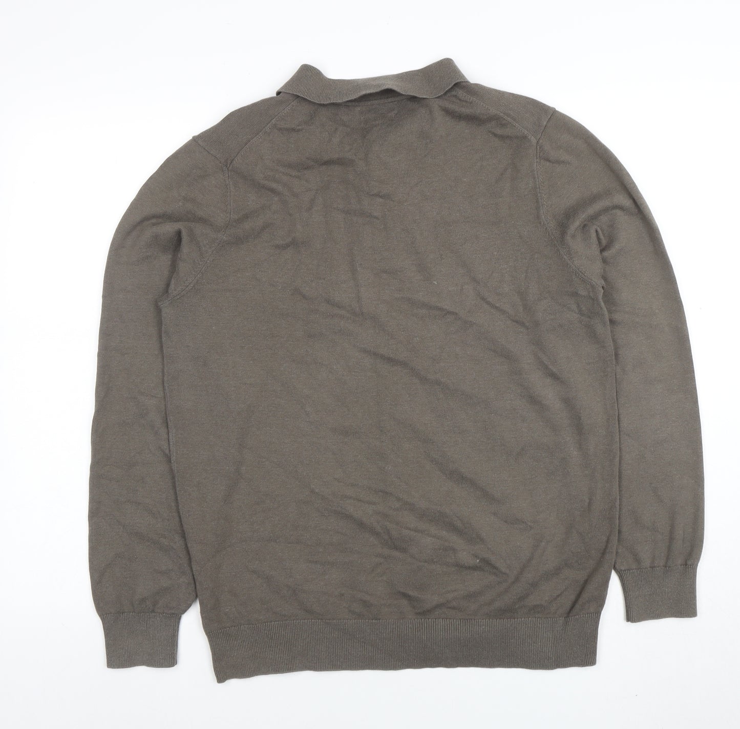 Massimo Dutti Men's Grey Cotton Collared Henley Jumper L