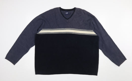 GAP Men's Blue XL V-Neck Cotton Striped Pullover Jumper