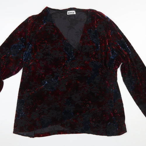 Almia Women Red Floral Velvet Wrap Blouse Long Sleeve Size 26