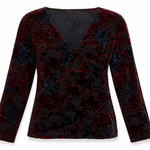 Almia Women Red Floral Velvet Wrap Blouse Long Sleeve Size 26