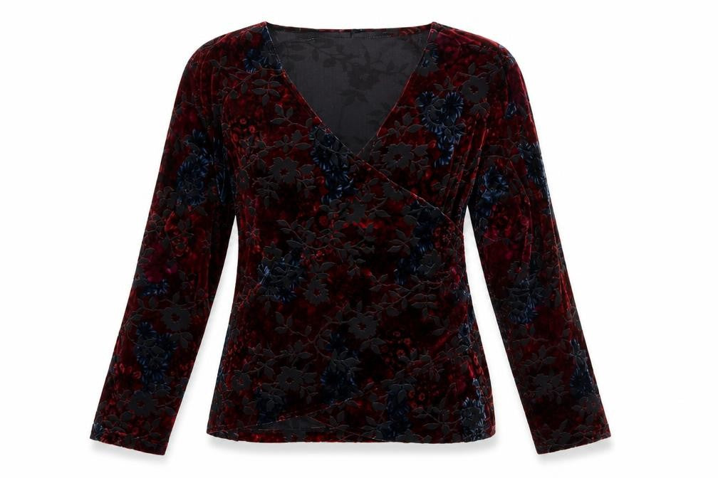 Almia Women Red Floral Velvet Wrap Blouse Long Sleeve Size 26