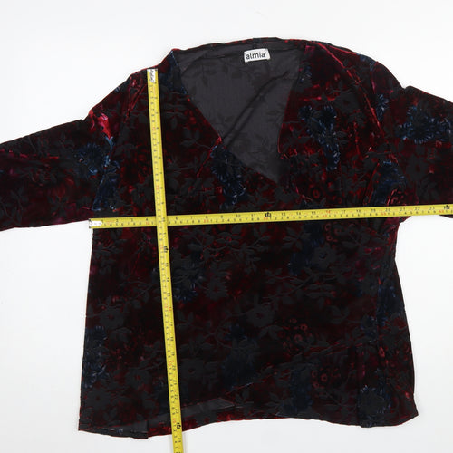 Almia Women Red Floral Velvet Wrap Blouse Long Sleeve Size 26