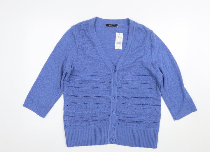 Bm Collection Women's Blue Open-Knit 3/4 Sleeve V-Neck Cardigan M
