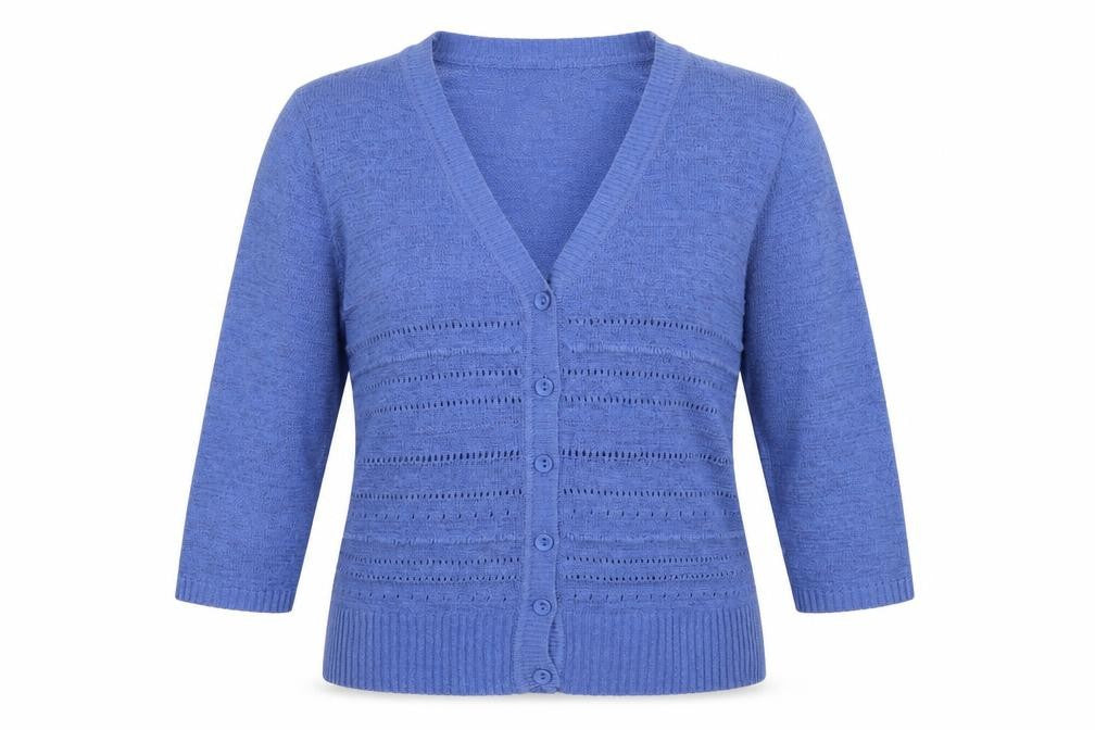 Bm Collection Women's Blue Open-Knit 3/4 Sleeve V-Neck Cardigan M
