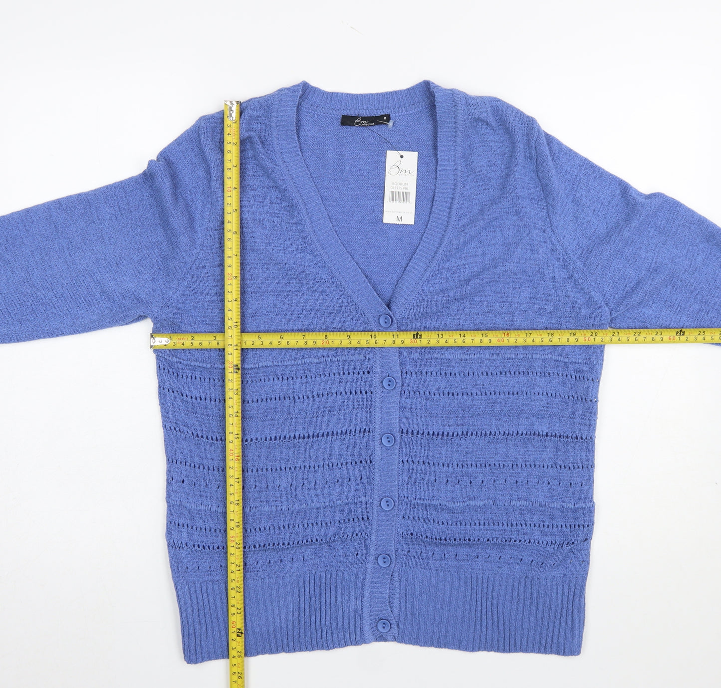 Bm Collection Women's Blue Open-Knit 3/4 Sleeve V-Neck Cardigan M