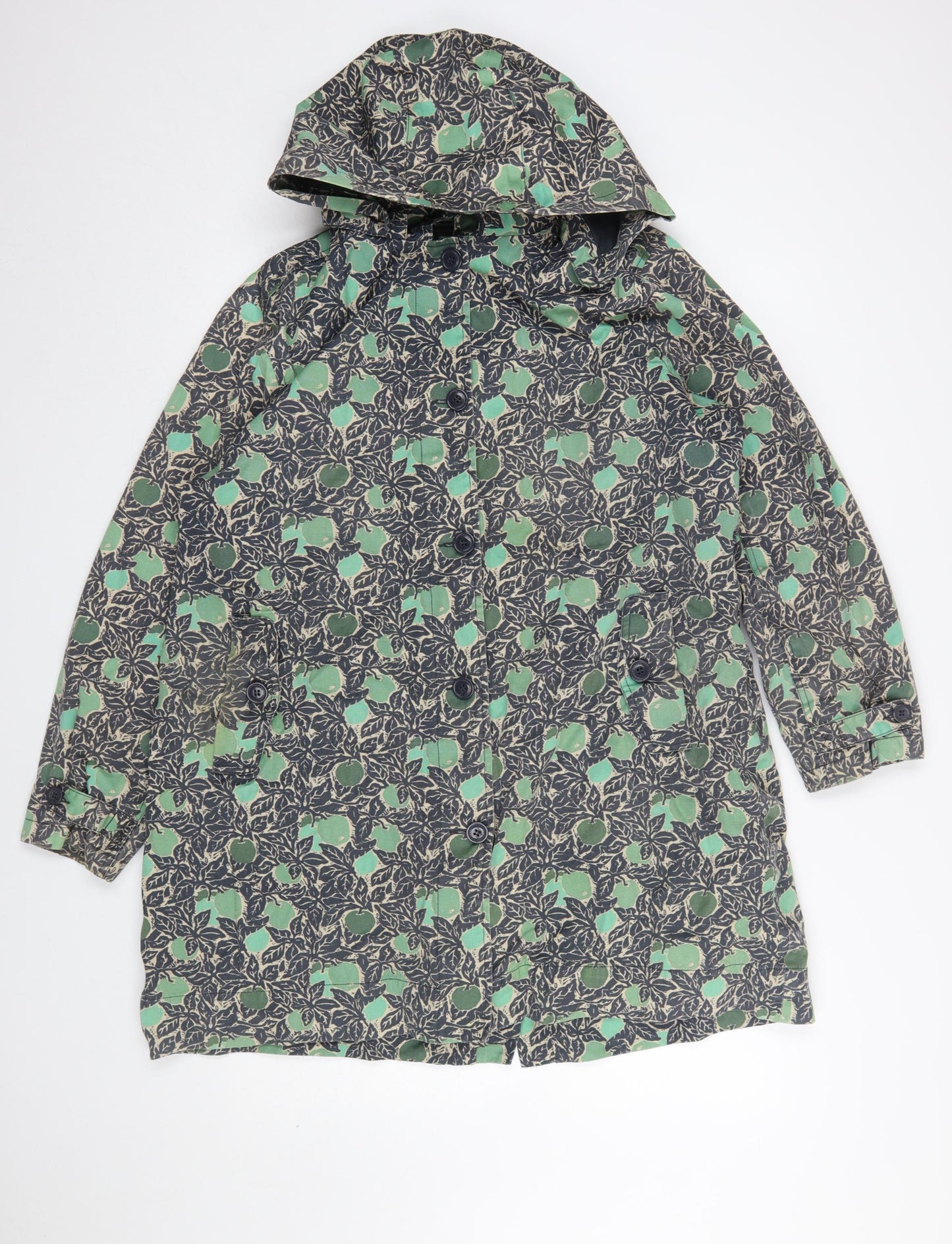 Tin Cloth Womens Green Floral Organic Cotton Hooded Rain Coat Size 18