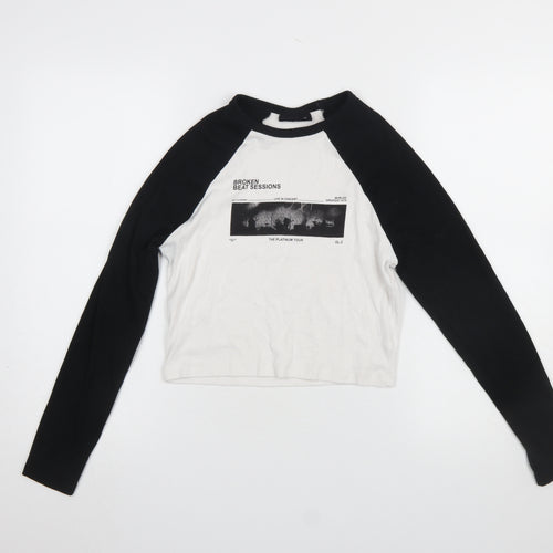 OH ME OH MY Womens Black White Cropped Raglan Long Sleeve T-Shirt Size 12