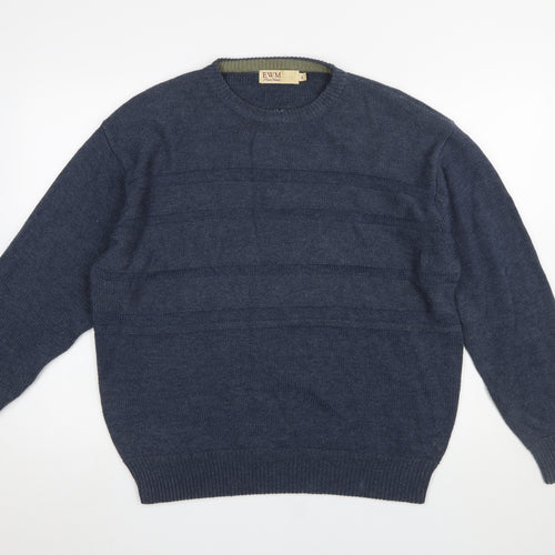 EWM Men Blue Cotton Acrylic Crew Neck Pullover Jumper L