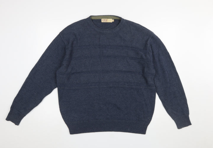 EWM Men Blue Cotton Acrylic Crew Neck Pullover Jumper L