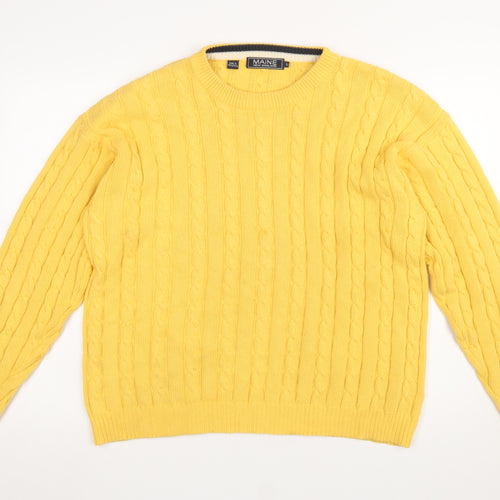 Maine New England Men's Yellow Cable-Knit Cotton Jumper Size L