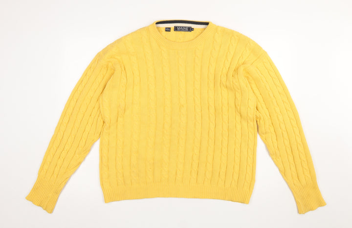 Maine New England Men's Yellow Cable-Knit Cotton Jumper Size L