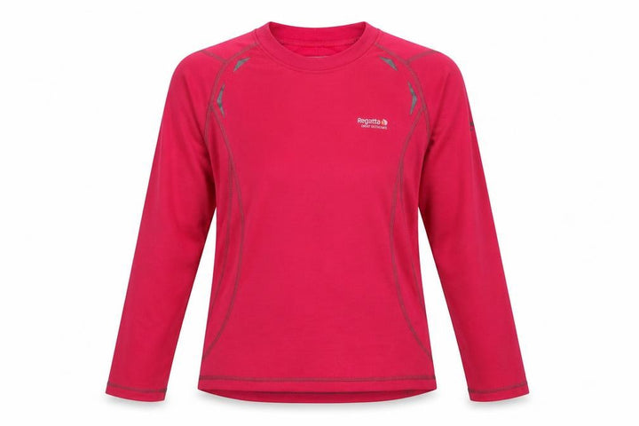 Front view of Regatta women’s pink long sleeve performance t-shirt, size UK 14