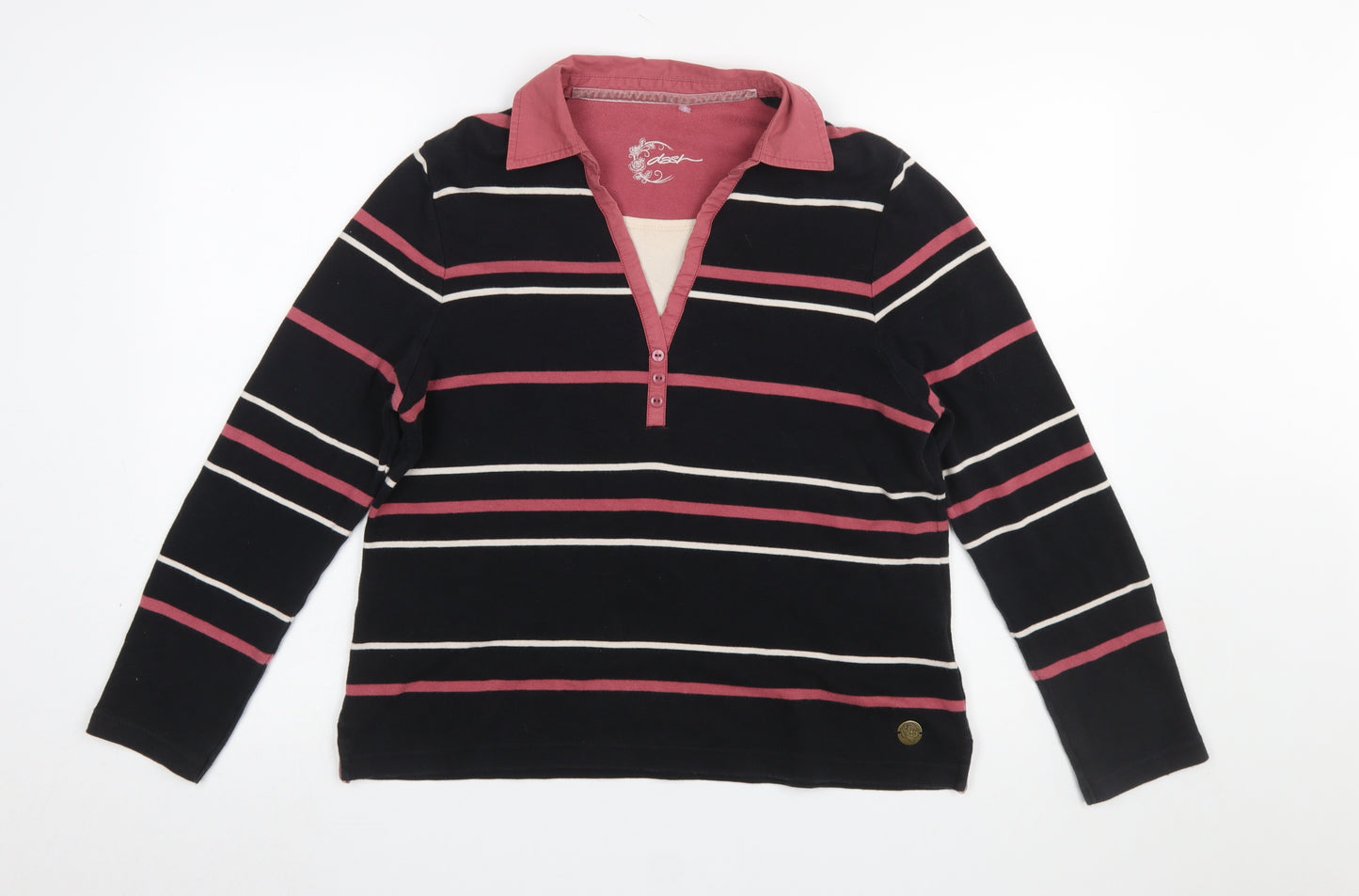 Dash Womens Black Pink Striped Long Sleeve Collared Polo Top Size 16