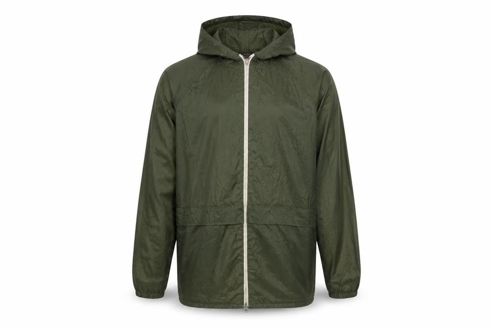 Front view of Regatta Men’s Green Waterproof Hooded Rain Coat Jacket, size 34