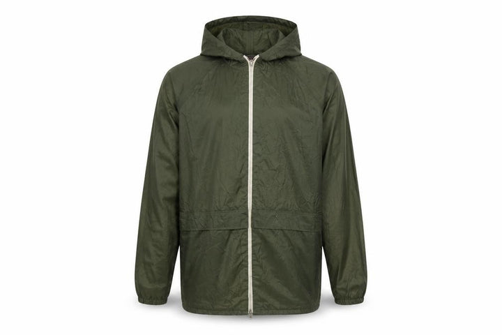 Front view of Regatta Men’s Green Waterproof Hooded Rain Coat Jacket, size 34