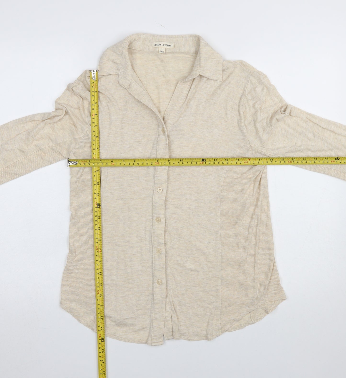 Zenana Outfitters Women’s Beige Button-Up Collared 3/4 Sleeve Top Size L