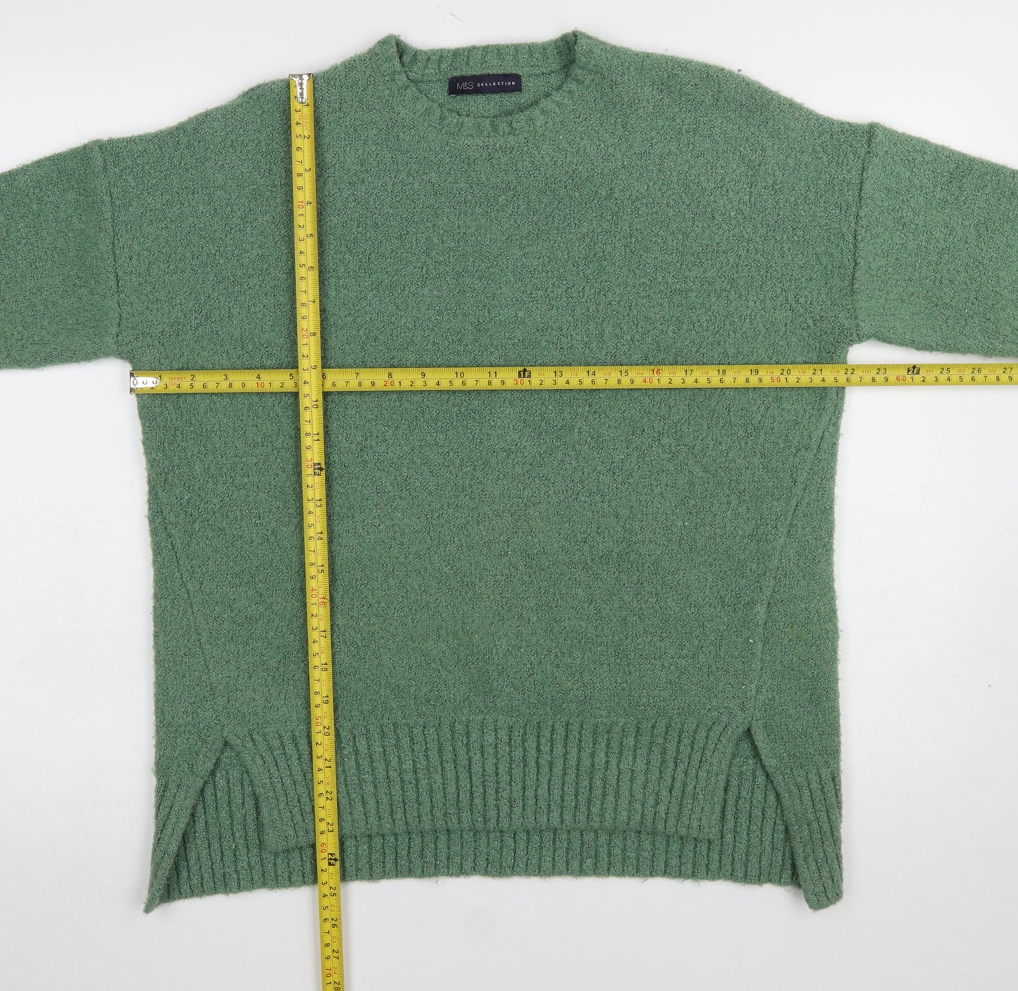 Marks and Spencer Women's Green Crew Neck Boucle Knit Jumper Size M
