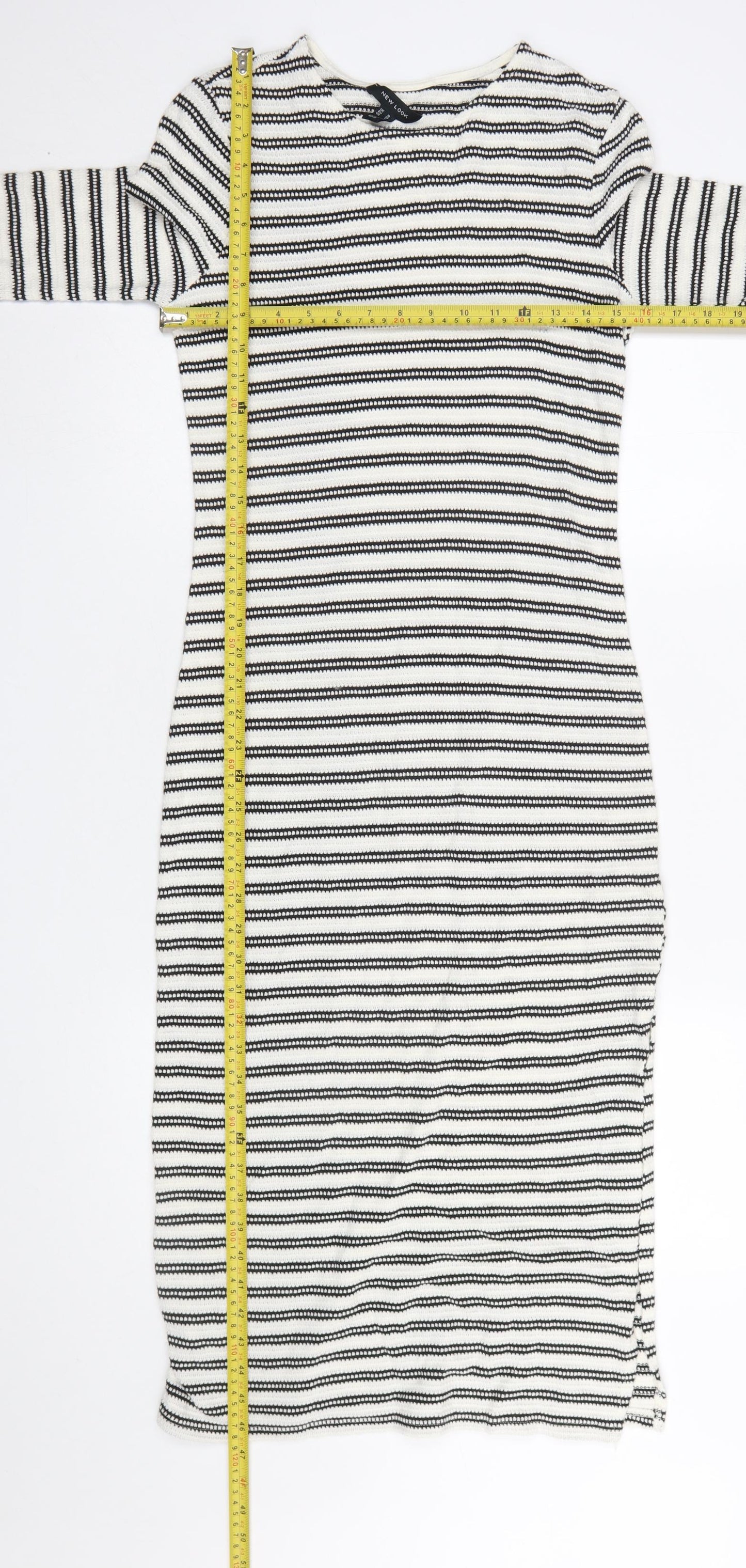 New Look Women Black White Striped Knit Bodycon Dress Size 10