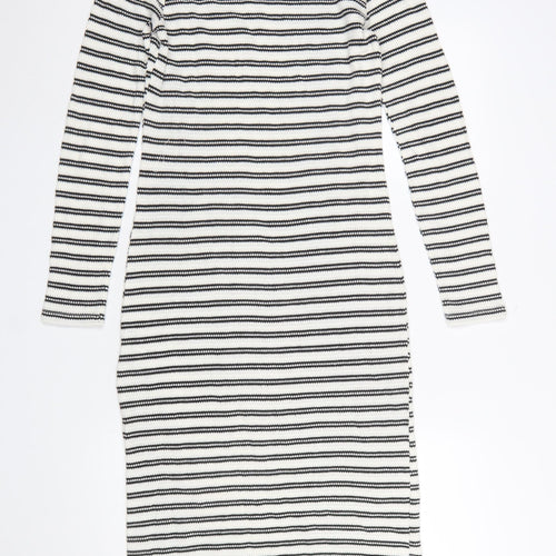 New Look Women Black White Striped Knit Bodycon Dress Size 10