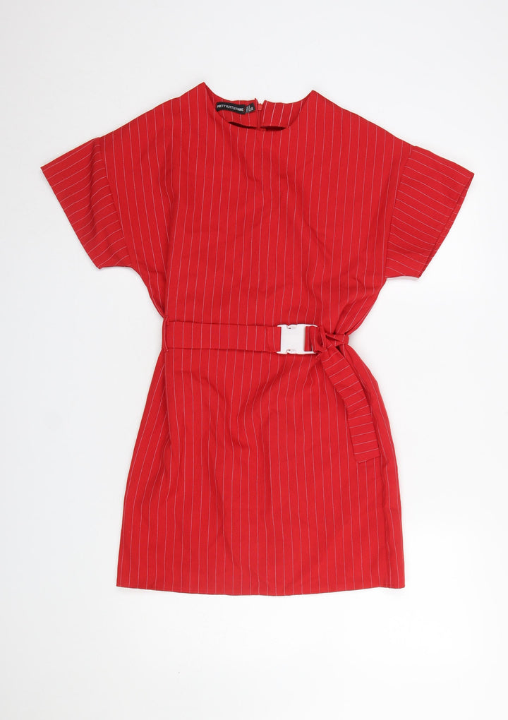 PrettyLittleThing Women Red Short Sleeve Belted Shift Dress Size 8