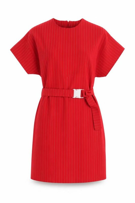 Front view of PRETTYLITTLETHING Women Red Short Sleeve Belted Shift Dress, size 8