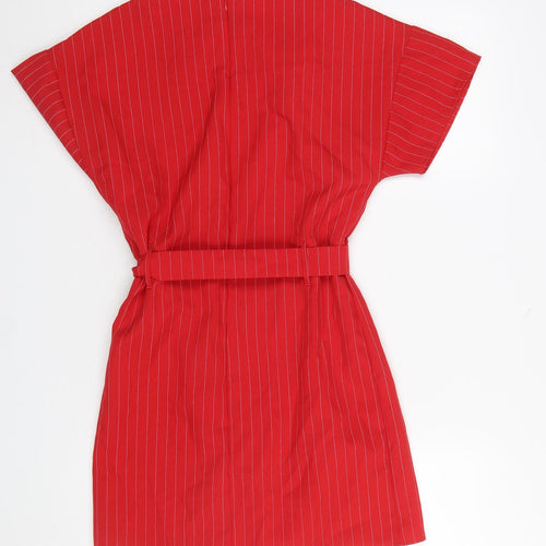 PrettyLittleThing Women Red Short Sleeve Belted Shift Dress Size 8