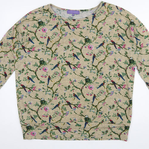 Autonomy Womens Beige Bird Floral Jersey Top Size 16 3/4 Sleeve