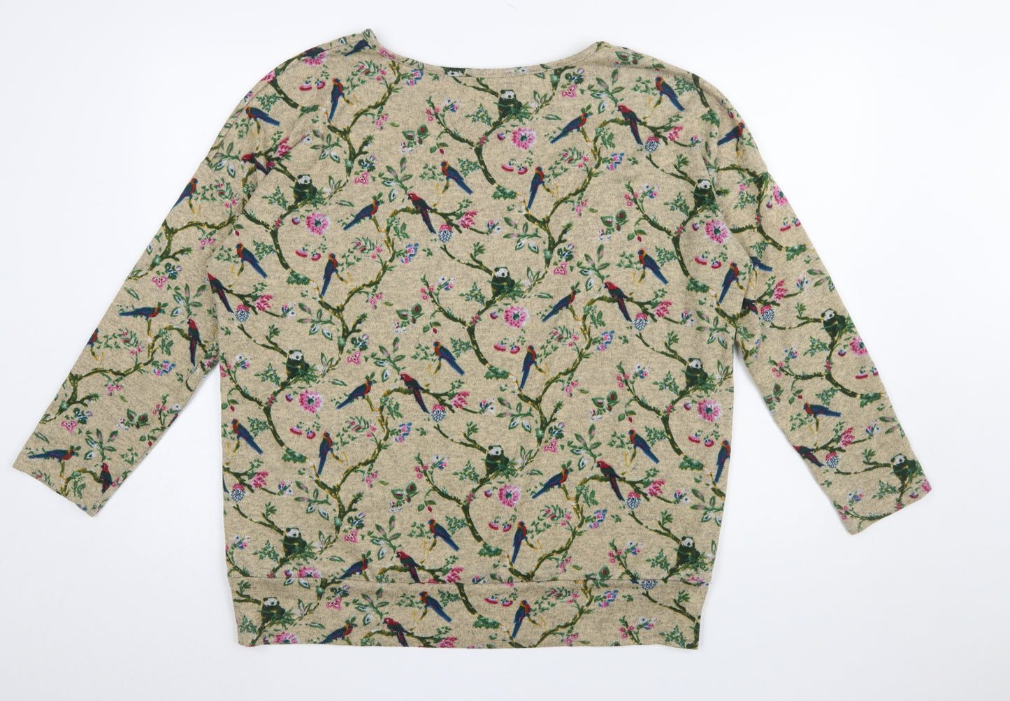 Autonomy Womens Beige Bird Floral Jersey Top Size 16 3/4 Sleeve