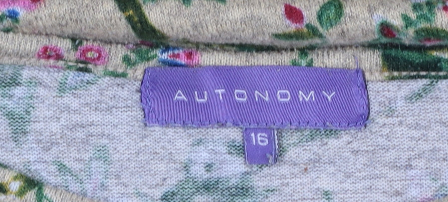 Autonomy Womens Beige Bird Floral Jersey Top Size 16 3/4 Sleeve