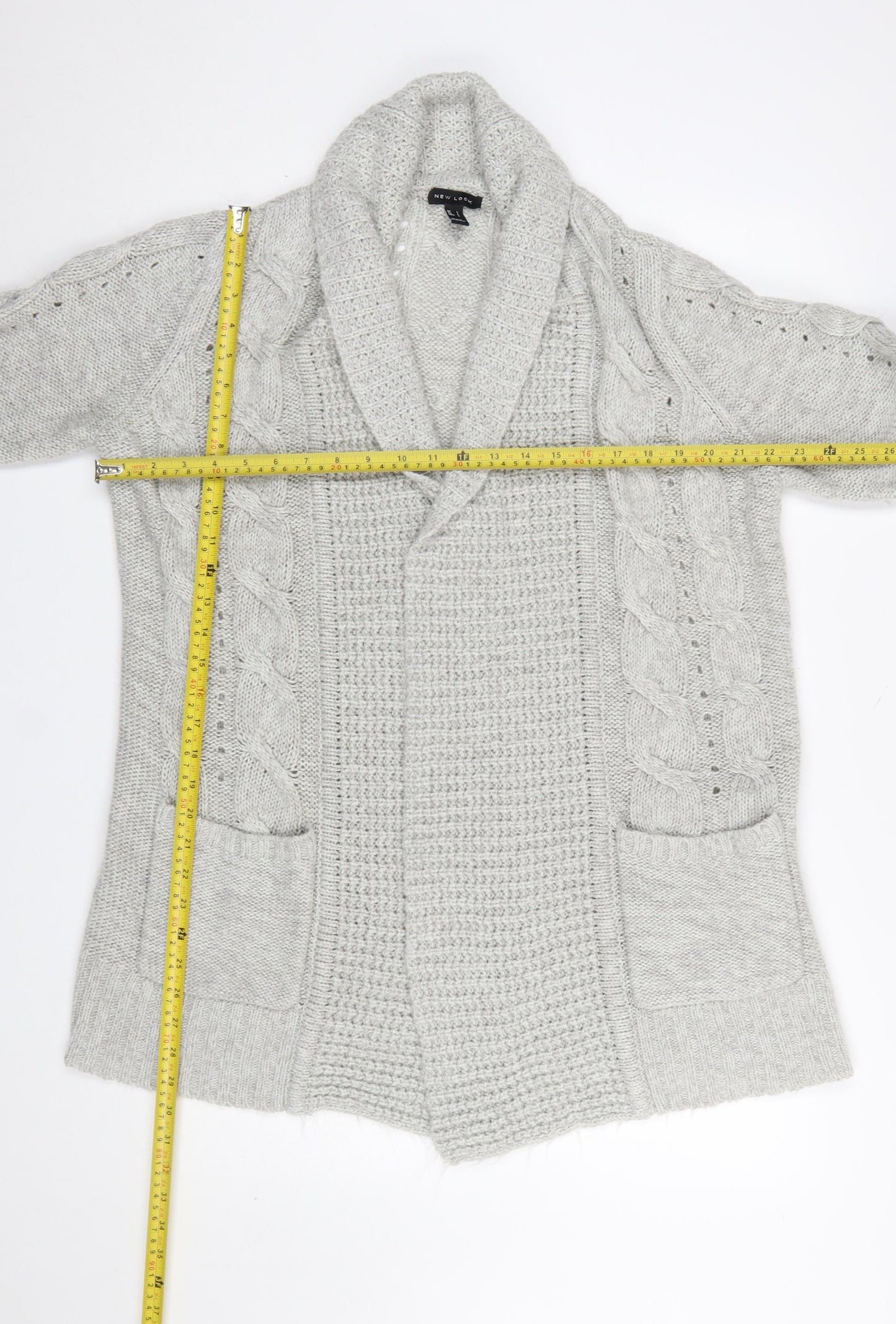 New Look Women’s Grey Cable Knit Long Sleeve Open Cardigan Size L