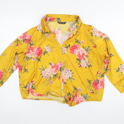Select Womens Yellow Floral Collared Cropped Blouse UK 12