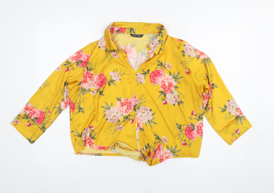 Select Womens Yellow Floral Collared Cropped Blouse UK 12