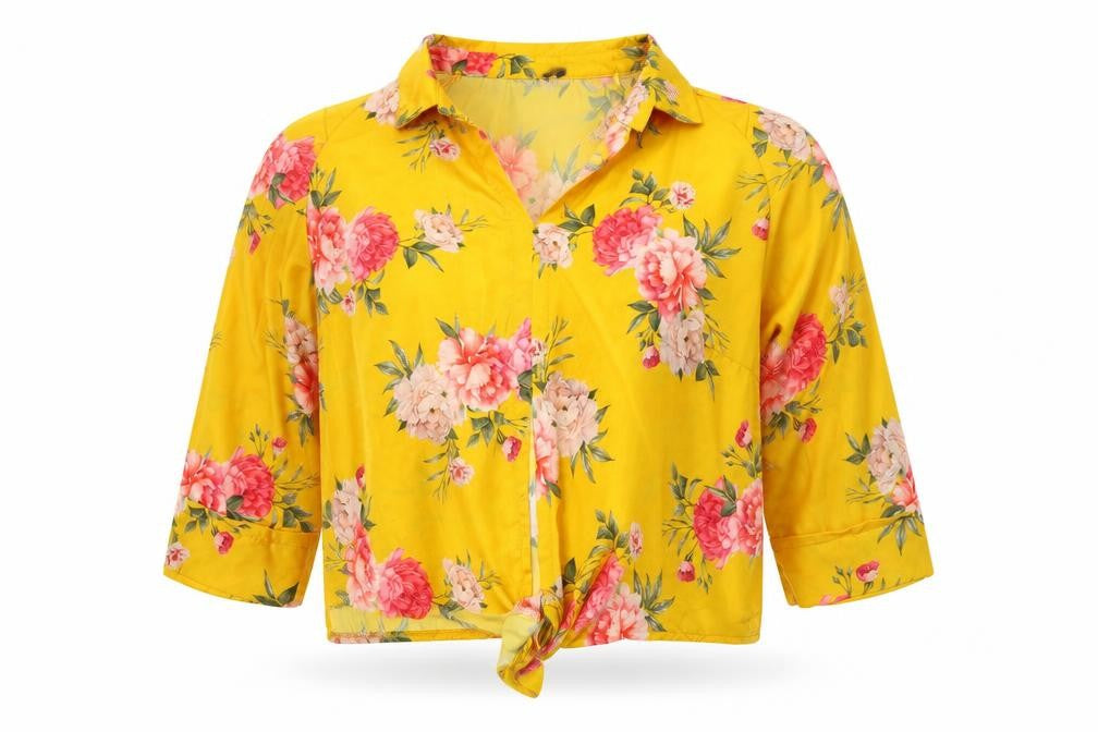 Front view of Select women’s yellow floral collared cropped blouse uk 12