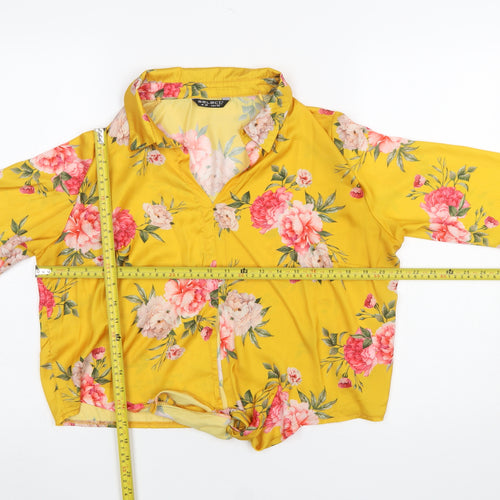 Select Womens Yellow Floral Collared Cropped Blouse UK 12