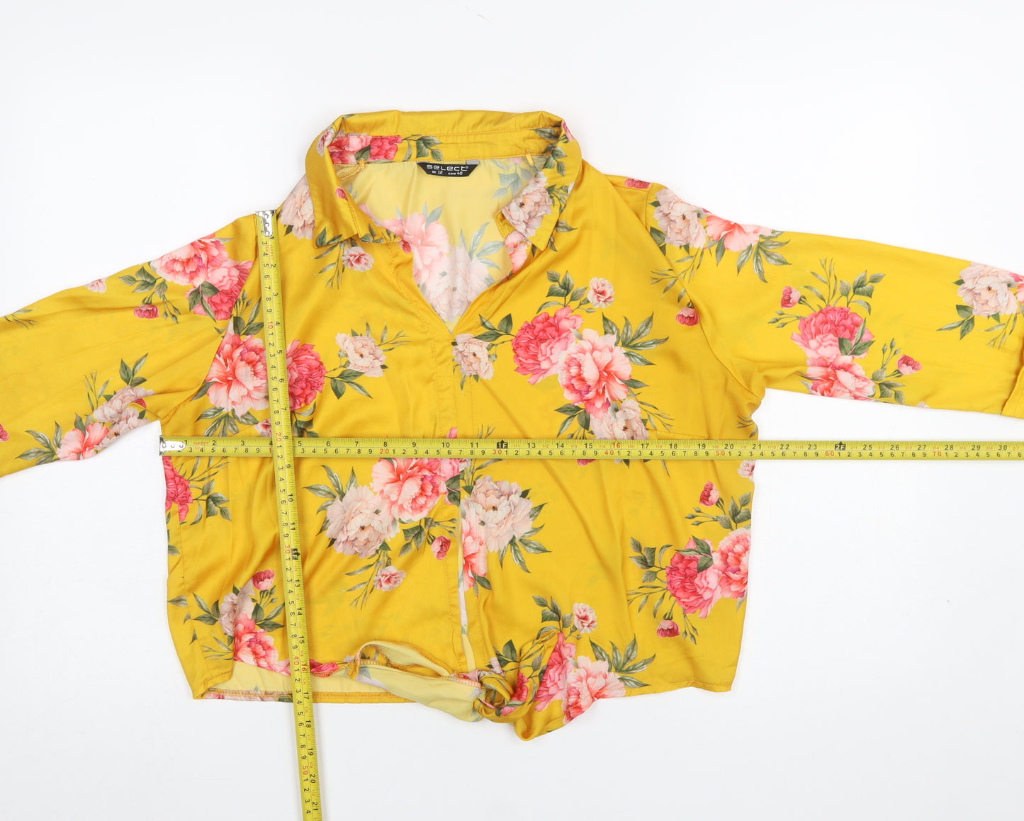 Select Womens Yellow Floral Collared Cropped Blouse UK 12