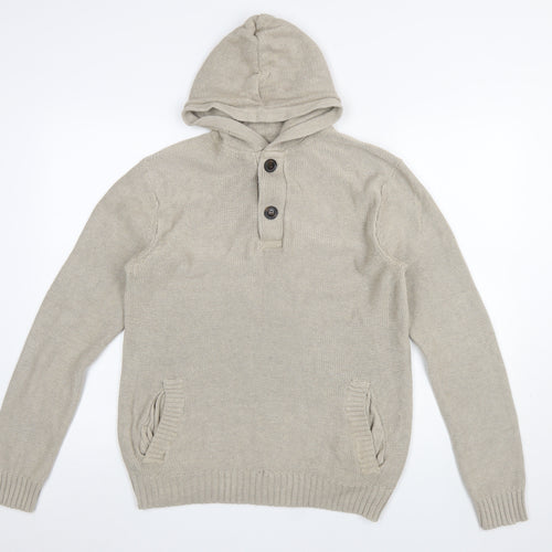 H&M L.O.G.G Men’s Beige Cotton Hooded Henley Jumper Size M