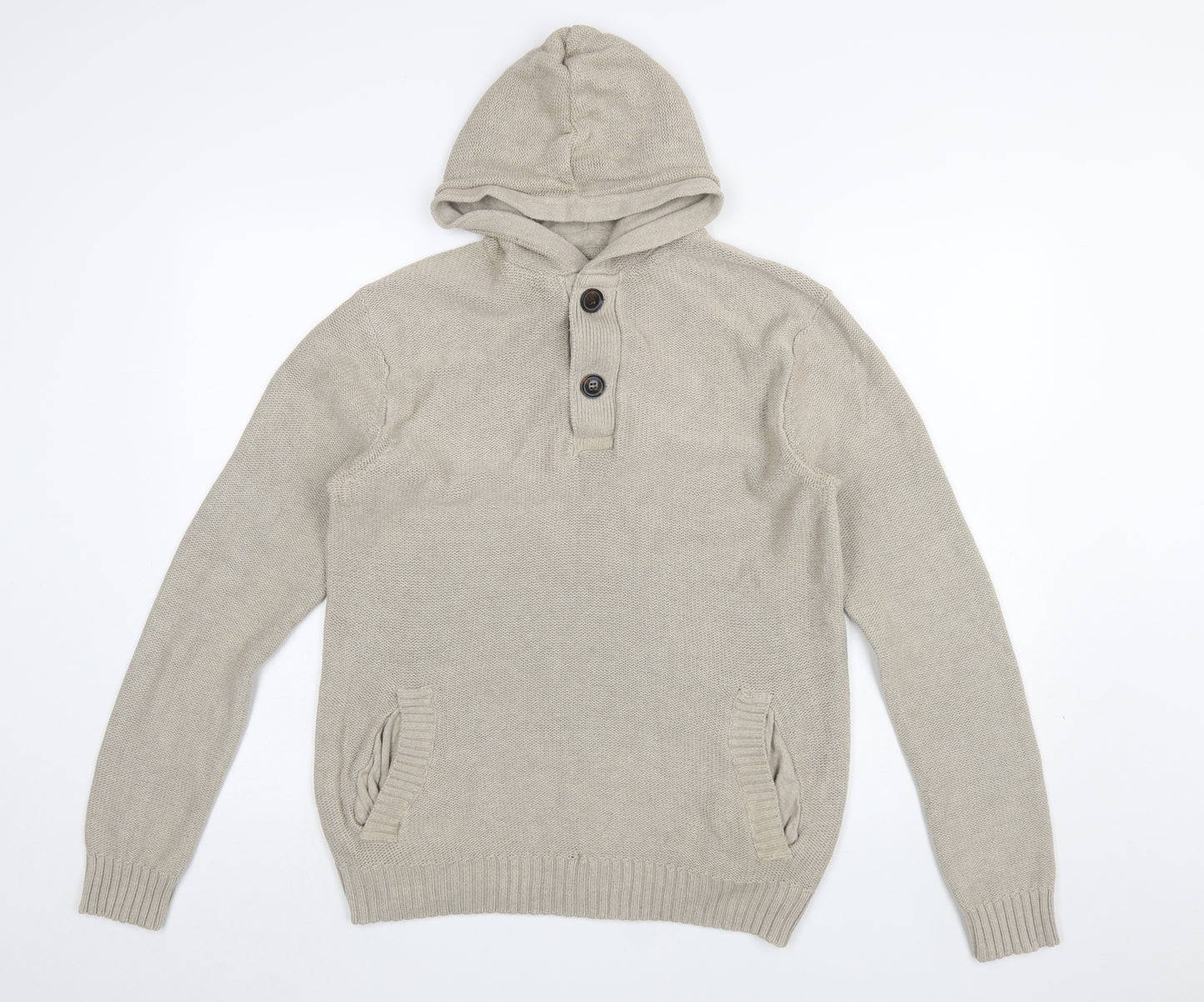 H&M L.O.G.G Men’s Beige Cotton Hooded Henley Jumper Size M