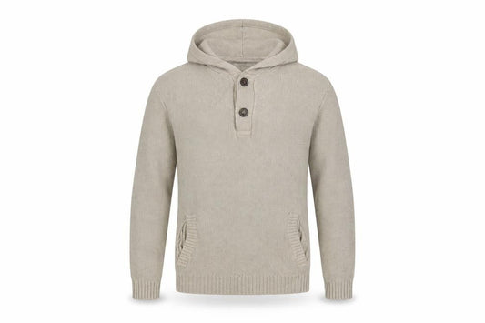 Front view of H&M L.O.G.G Men’s Beige Cotton Hooded Henley Jumper, size M