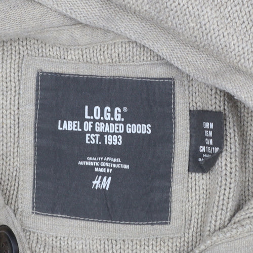 H&M L.O.G.G Men’s Beige Cotton Hooded Henley Jumper Size M