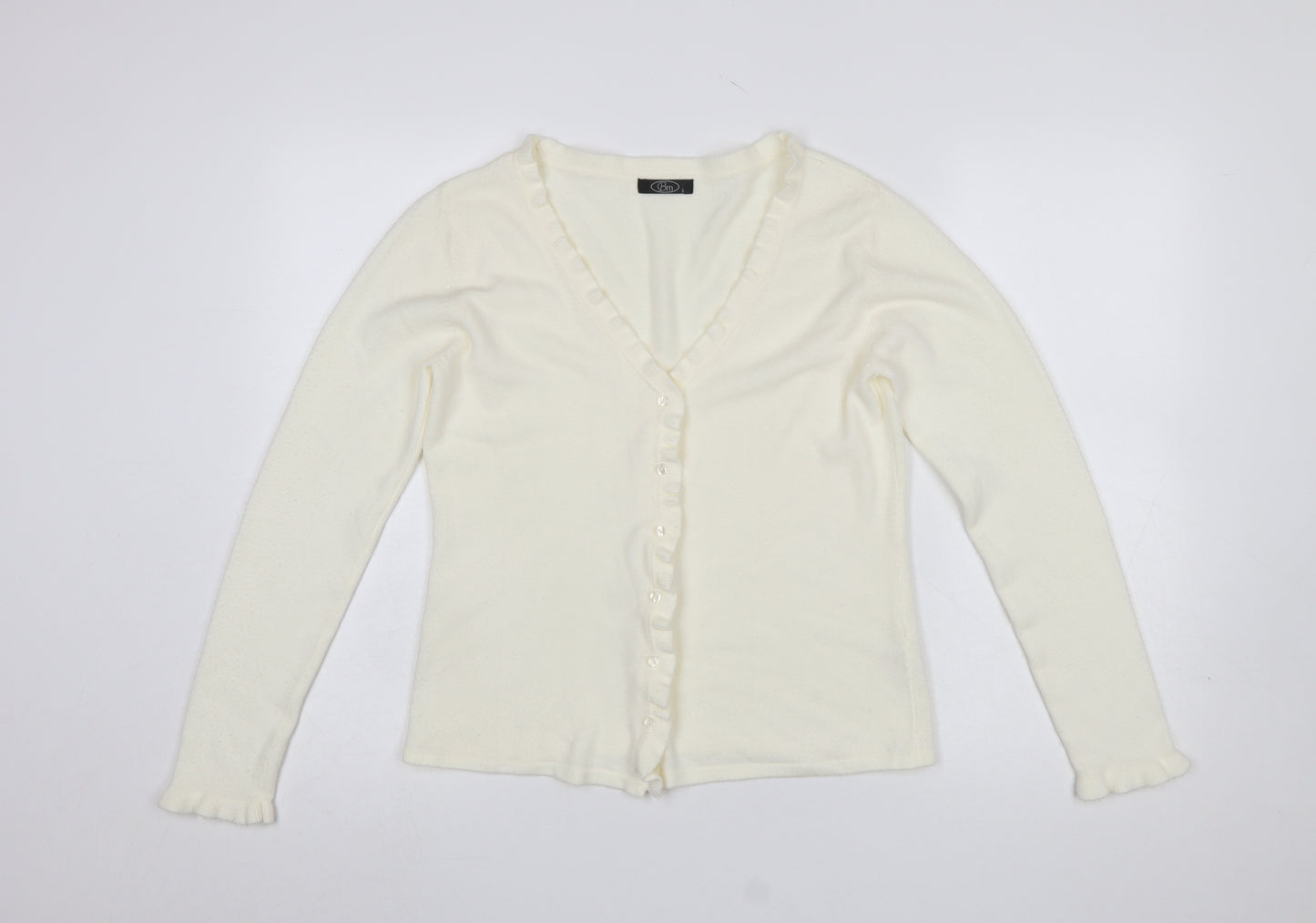 Bm Womens Ivory Ruffle Edge V-Neck Cardigan Size S