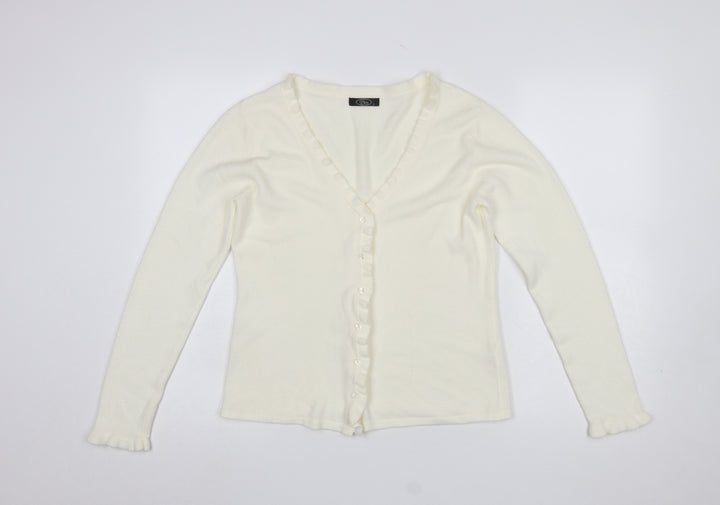 Bm Womens Ivory Ruffle Edge V-Neck Cardigan Size S
