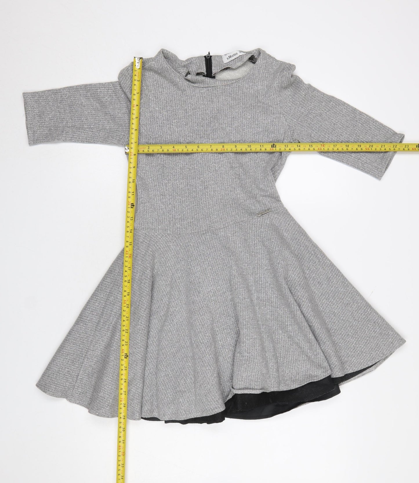 s.Moriss Women Grey Fit & Flare Knit Dress Size S 3/4 Sleeve Zip Back