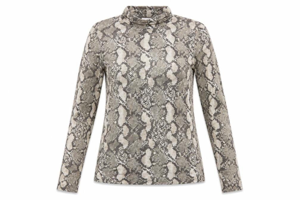 Front view of H&M women’s grey snake print roll neck long sleeve top, size S