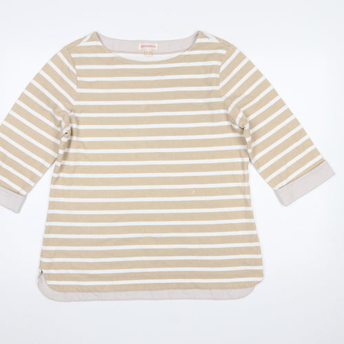 Pomodoro Womens Beige White Striped 3/4 Sleeve Cotton T-Shirt UK 16
