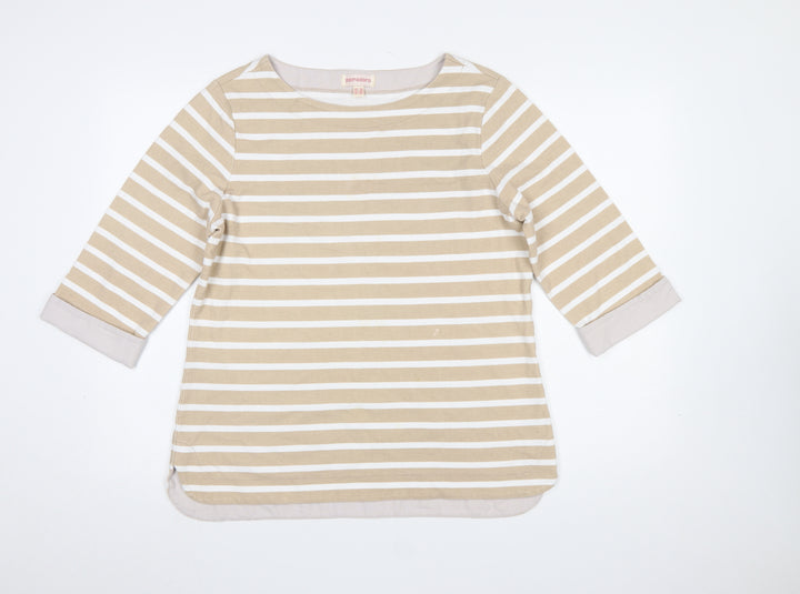 Pomodoro Womens Beige White Striped 3/4 Sleeve Cotton T-Shirt UK 16