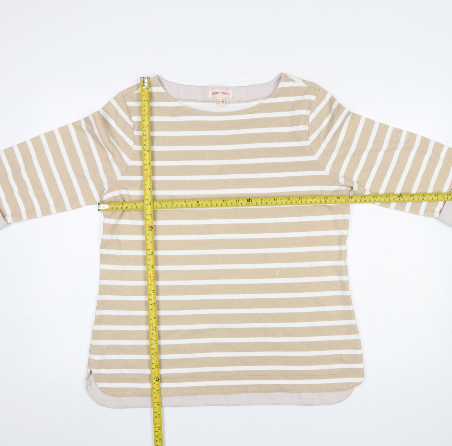 Pomodoro Womens Beige White Striped 3/4 Sleeve Cotton T-Shirt UK 16
