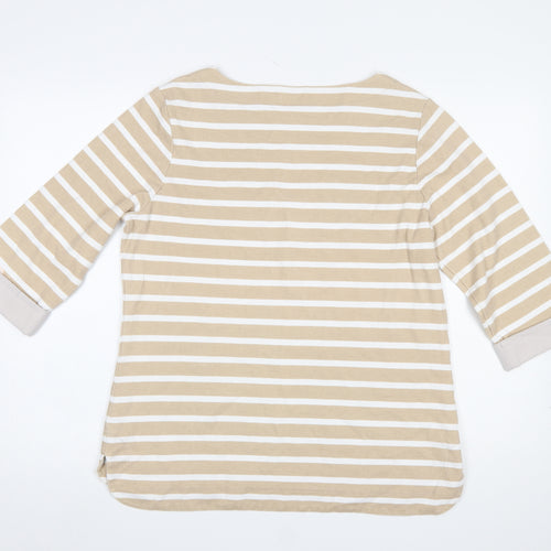 Pomodoro Womens Beige White Striped 3/4 Sleeve Cotton T-Shirt UK 16