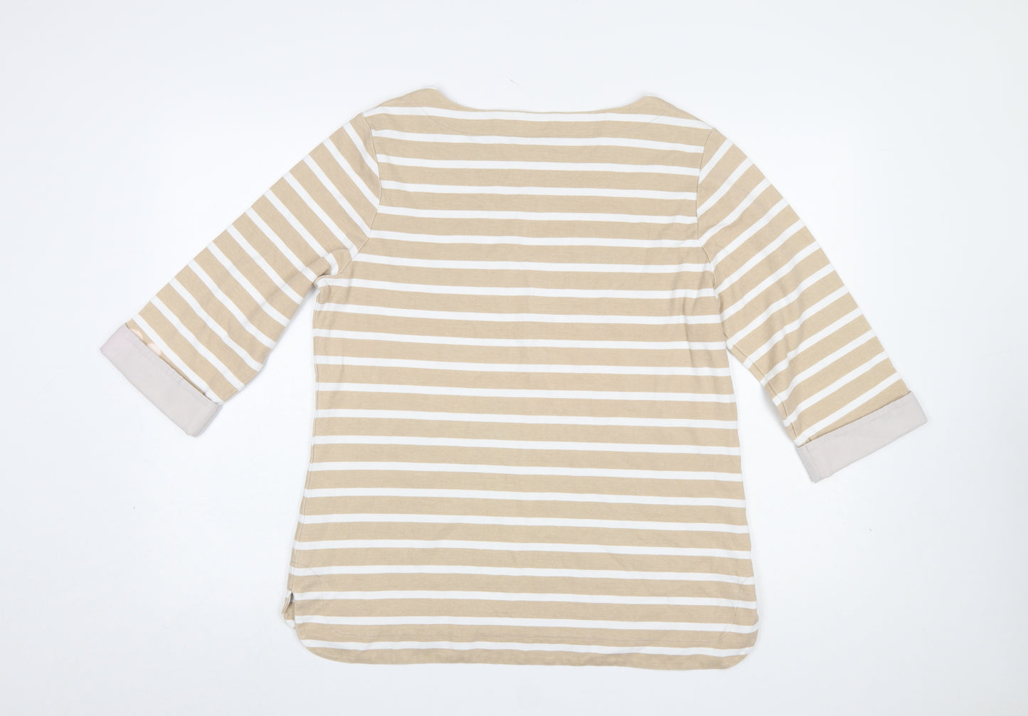 Pomodoro Womens Beige White Striped 3/4 Sleeve Cotton T-Shirt UK 16