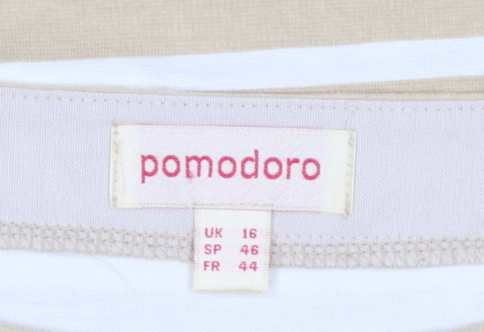 Pomodoro Womens Beige White Striped 3/4 Sleeve Cotton T-Shirt UK 16